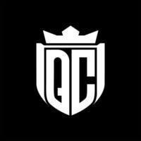 QC Letter logo shield shape inside shield badge crown on black background template design vector