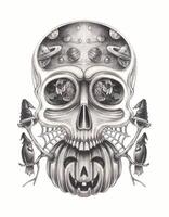 Celestial Halloween. This intricate artwork merges cosmic elements with Halloween symbols, featuring a skull adorned with planetary orbs and craters, symbolizing a universe within. vector