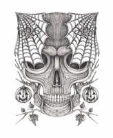 Webbed skull of halloween.This intricately detailed drawing features a large, ominous skull adorned with spiderwebs extending over its eye sockets, with two spiders crawling on the webs. vector