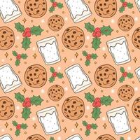 Festive Holiday Pattern with Milk, Cookies, and Holly vector