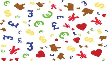 Pattern background with currency symbols heart and hand thumb vector
