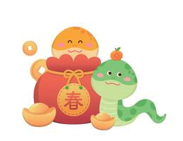 Chinese New Year snake mascot and New Year elements, money bag and gold coins and ingots and oranges, blessings and celebrations vector