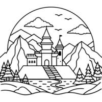 A castle in the mountains with trees and mountains vector