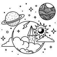 A coloring page with a space theme vector