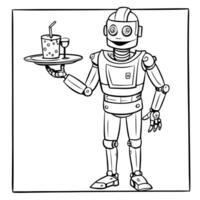 android robot waiter, illustration line art vector