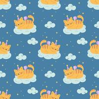 Fairy tale cat with wings on the cloud pattern vector