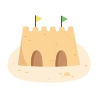 Sandcastle with flag on the beach in flat style vector