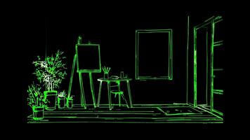 Neon frame effect, Easel Indicates a workspace for artists on black background video