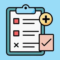 Medical form list with results data and approved check mark icon, line outline art clinical checklist document with checkbox symbol, insurance or medicine service sign, prescription record vector