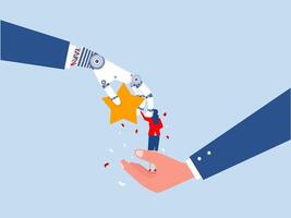 businesswoman standing on big hand getting star reward.encourage and motivate best performance with artificial intelligence ,Winning confidence Employee success recognition vector