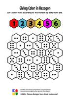 educational game for children giving color in Hexagon according the number of dots. Education worksheet Printable A4 size. Counting exercise vector