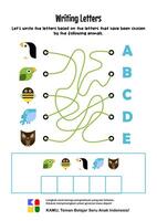 focus and logic exercise. writing letters based on the letters chosen by the animals educational game for children. preschool preschool worksheet. Education worksheet Printable A4 size. vector