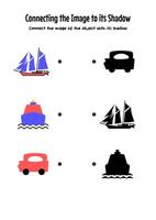 educational game for children. connecting the image to its shadow. illustration of cartoon the ship and car. Education worksheet Printable A4 size. vector
