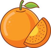 Orange Fruit with Slice Illustration, Bright, cartoon-style illustration of a whole orange with a slice, showing vibrant color and juicy detail, ideal for food themes. vector