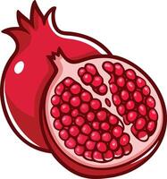 Pomegranate Illustration with Halved Fruit and Seeds, Vibrant illustration of a whole and halved pomegranate, revealing red seeds inside, symbolizing health, freshness, and exotic fruit themes. vector