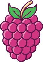 Raspberry Illustration with Leafy Stem, Bright and detailed illustration of a raspberry with a leafy stem, showcasing its vibrant red color and clustered texture in a graphic style. vector