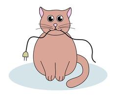 Problem with cat behavior. Kitten chews up the wires. Cute flat illustration. vector