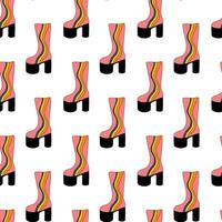 Seamless Pattern. Trendy 1980 retro pink disco boot with rainbow abstract design. Vintage shoe. flat illustration. vector