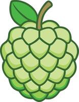 Cartoon Illustration of Green Cherimoya Fruit, illustration of a green cherimoya fruit with a scaly texture and leaf, depicted in a simple, cartoon style for tropical themes. vector