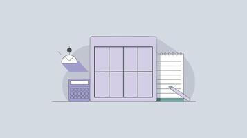 Illustration of a modern desk setup with a digital calendar, calculator, notepad, and pencil, in soft pastel colors conveying an organized work environment. vector