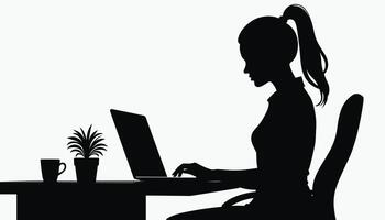 Silhouette of a woman working on a laptop at a desk, accompanied by a small plant and a coffee cup, against a plain background. vector