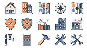 A collection of colorful icons representing themes of construction, navigation, and utilities, featuring houses, maps, tools, and graphs. vector