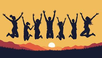 Silhouettes of a diverse group of people leaping joyfully against a vibrant sunset backdrop, symbolizing freedom and unity. vector