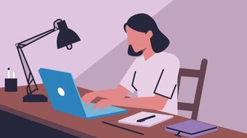 Illustration of a woman working on a laptop at a desk with a lamp, notebook, and pen. vector