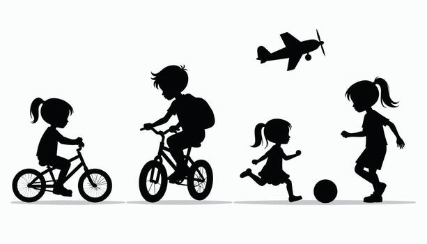 Silhouette of children in playful activities, showcasing biking, running, and playing with a ball. A toy airplane flies above, symbolizing imagination and joy. vector