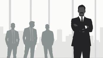 Silhouette of a confident man in a suit with arms crossed, standing in front of three figures against a cityscape background. vector