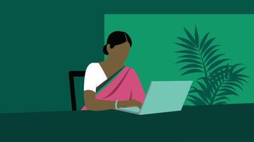 A South Asian woman in a traditional sari uses a laptop at a desk, with a minimalist green background and a decorative plant enhancing the serene setting. vector