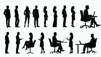 Silhouettes of diverse professionals engaged in various office activities, reflecting collaboration and communication in a modern workspace setting. vector