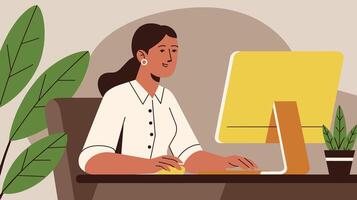Illustration of a woman working on a computer, surrounded by plants, showcasing a calm and focused work environment. vector