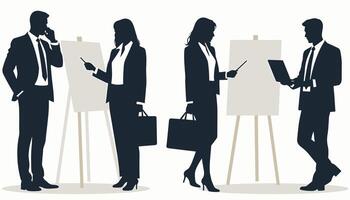 Silhouettes of business professionals engaged in discussions and presentations over blank canvases, exuding a scene of corporate strategy and teamwork. vector