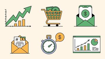 A collection of financial-themed icons depicting growth charts, shopping cart, mobile banking, envelope with invoice, stopwatch, and analytics on a beige background. vector