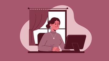 Female professional working at a computer desk in a cozy office setting, with a window view. vector