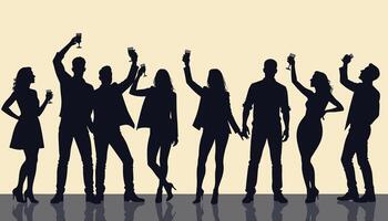 Silhouettes of diverse people celebrating with raised glasses, capturing a festive and joyful atmosphere. vector