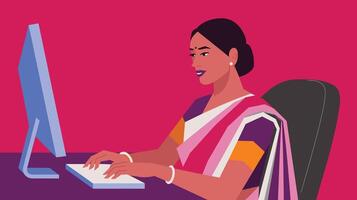 Illustration of a South Asian woman in a traditional sari working on a computer against a vibrant pink background. vector