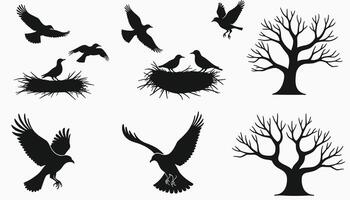 Black silhouettes of birds and trees create a striking nature scene against a white background, highlighting the elegance and simplicity of the natural world. vector
