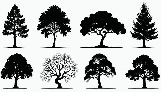 un colección de ocho distinto árbol siluetas en contra un blanco antecedentes exhibiendo diverso formas y follaje estilos. vector