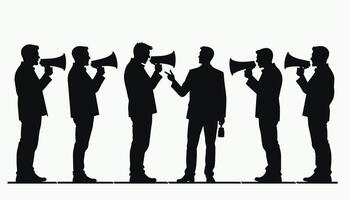 Silhouette of six men in suits, five with megaphones, emphasizing communication and influence. vector