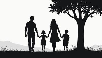 Silhouette of a family of four walking hand in hand under a tree, symbolizing unity and togetherness against a scenic backdrop. vector