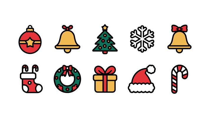 Bright and colorful Christmas icons, including festive ornaments, bells, a tree, snowflake, stocking, wreath, gift, Santa hat, and candy cane, on a white background.