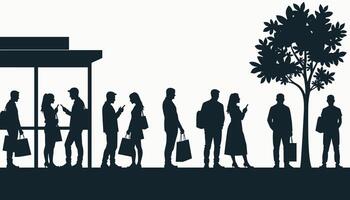 Silhouette of diverse individuals waiting at a bus stop with shopping bags, set against a minimalistic background, conveying themes of urban life and routine. vector