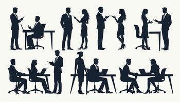 Silhouettes of diverse professionals engaging in conversations and meetings in an office setting. vector