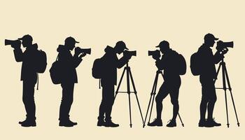 Silhouettes of photographers with cameras and tripods against a beige background, capturing the essence of photography in various poses. vector