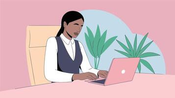 Illustration of a woman with dark hair working on a laptop in a modern office with a pink and blue color scheme and green potted plants in the background. vector