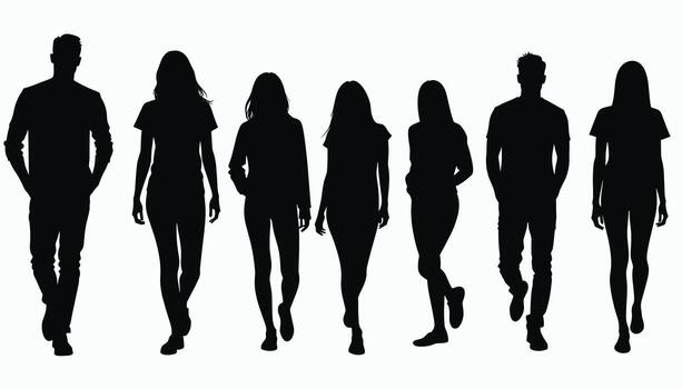 Silhouettes of five women and two men walking confidently in a row against a white background, projecting a sense of unity and purpose. vector