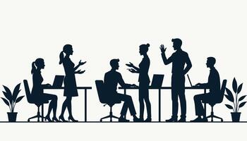 Silhouette of diverse business professionals engaging in a collaborative office discussion, illustrating teamwork and communication. vector
