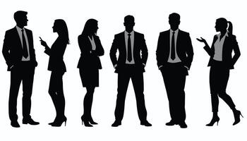 Silhouettes of diverse business professionals engaging in conversation, showcasing dynamic interaction and collaboration. vector